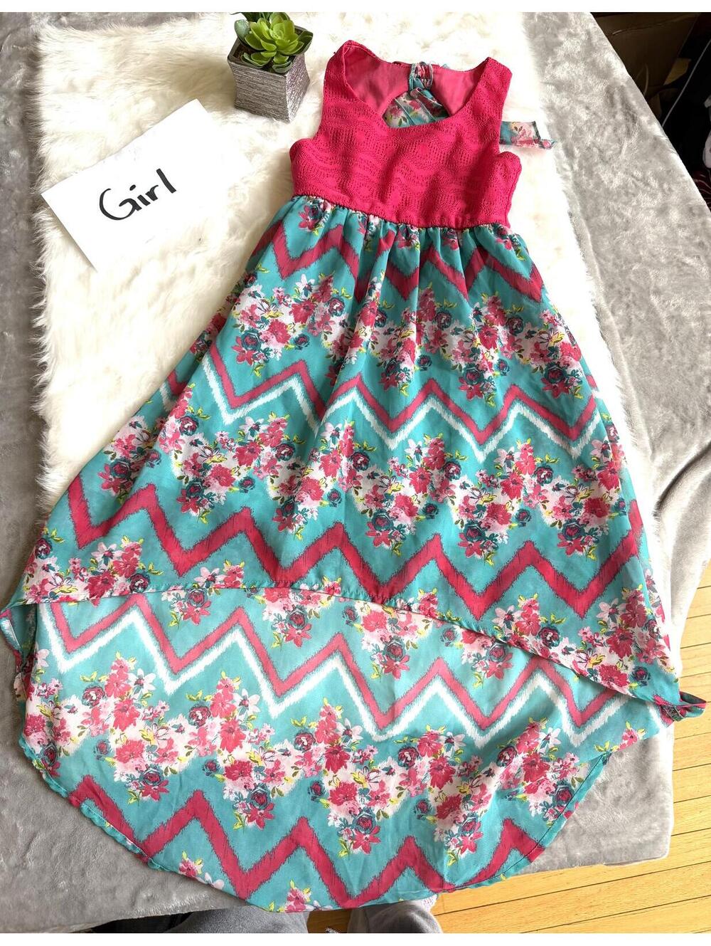 Pinky Girls Pink and Turquoise Floral High-Low Dress  Size 8